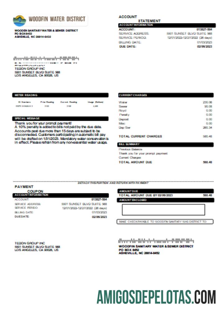 Projeto de lei de serviços públicos do distrito de água sanitária e esgoto Woodfin, SCR modelo